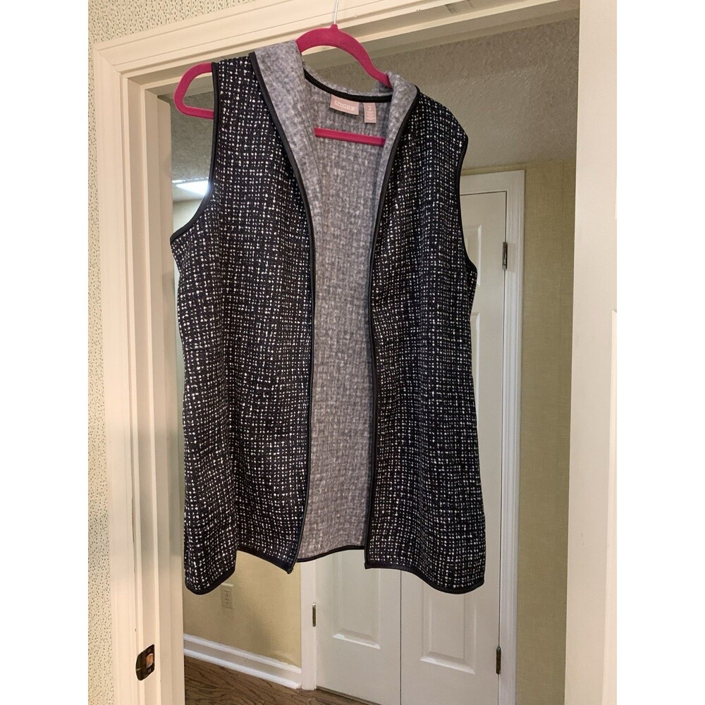 Chicos Open Front Cardigan Vest Size L 2 Black/White With Pockets
